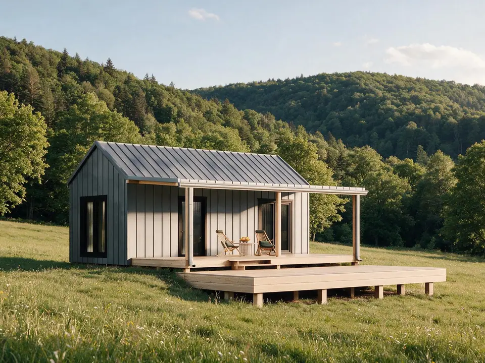 Modulhaus TINY-MAX 26 auf einer Wiese, Visualisierung