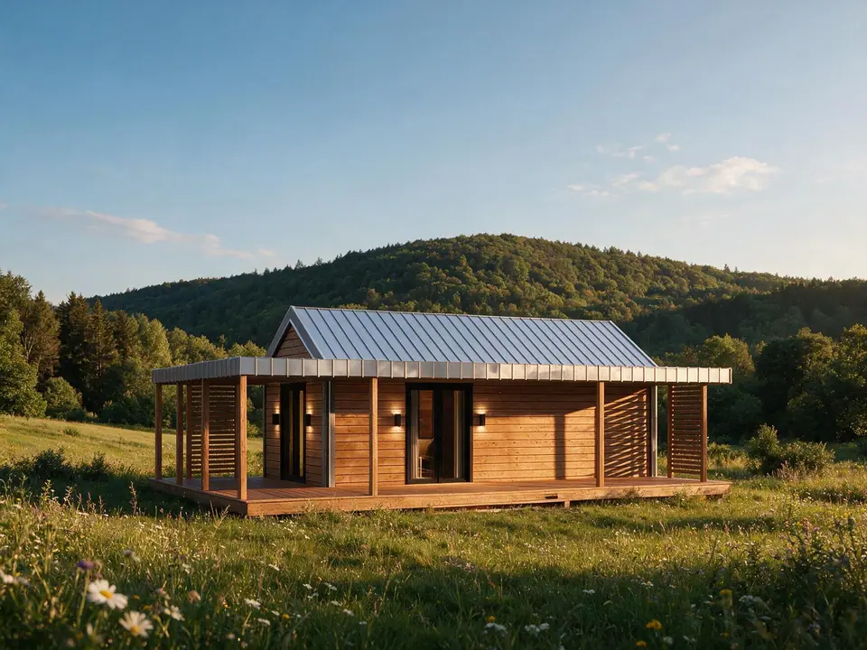 Modulhaus TINY-MAX 35-1 auf einer Wiese, Visualisierung