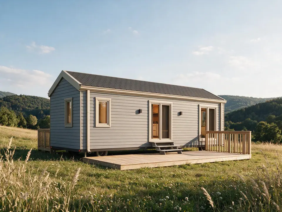 Modulhaus TINY-MAX 35-2 auf einer Wiese, Visualisierung