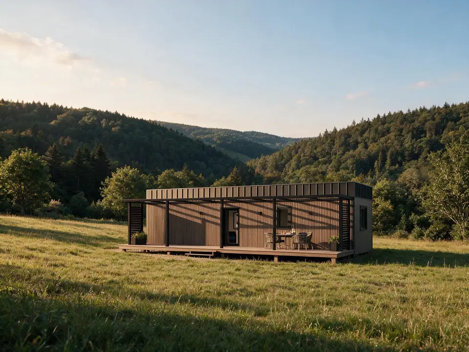 Modulhaus TINY-MAX 47 auf einer Wiese, Visualisierung