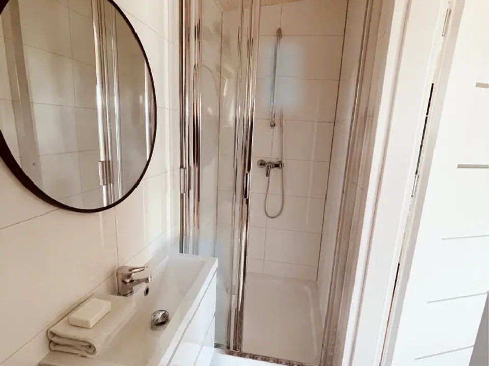 Bad des Modulhauses TINY-MAX 47 mit Dusche hinter Falttüren, Waschtisch mit rundem Spiegel, gemustertem Fliesenboden und Holzdecke. Visualisierung