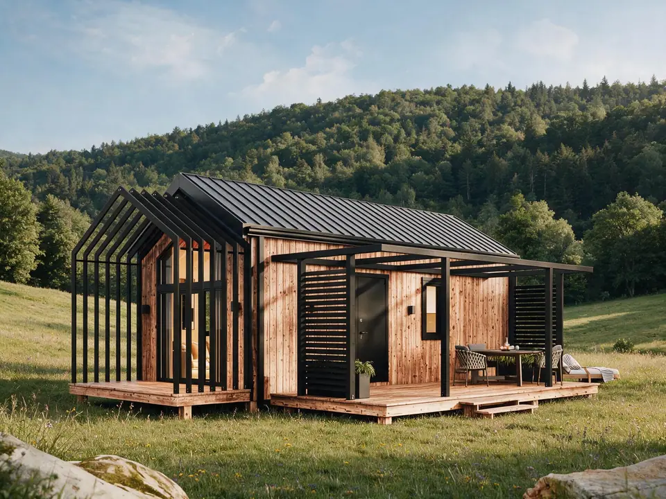 Modulhaus TINY-MAX 50 mit Holzterrasse auf einer Wiese, bewaldete Hügel im Hintergrund. Visualisierung