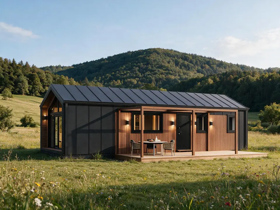 Modulhaus TINY-MAX 59 auf einer Wiese, Visualisierung