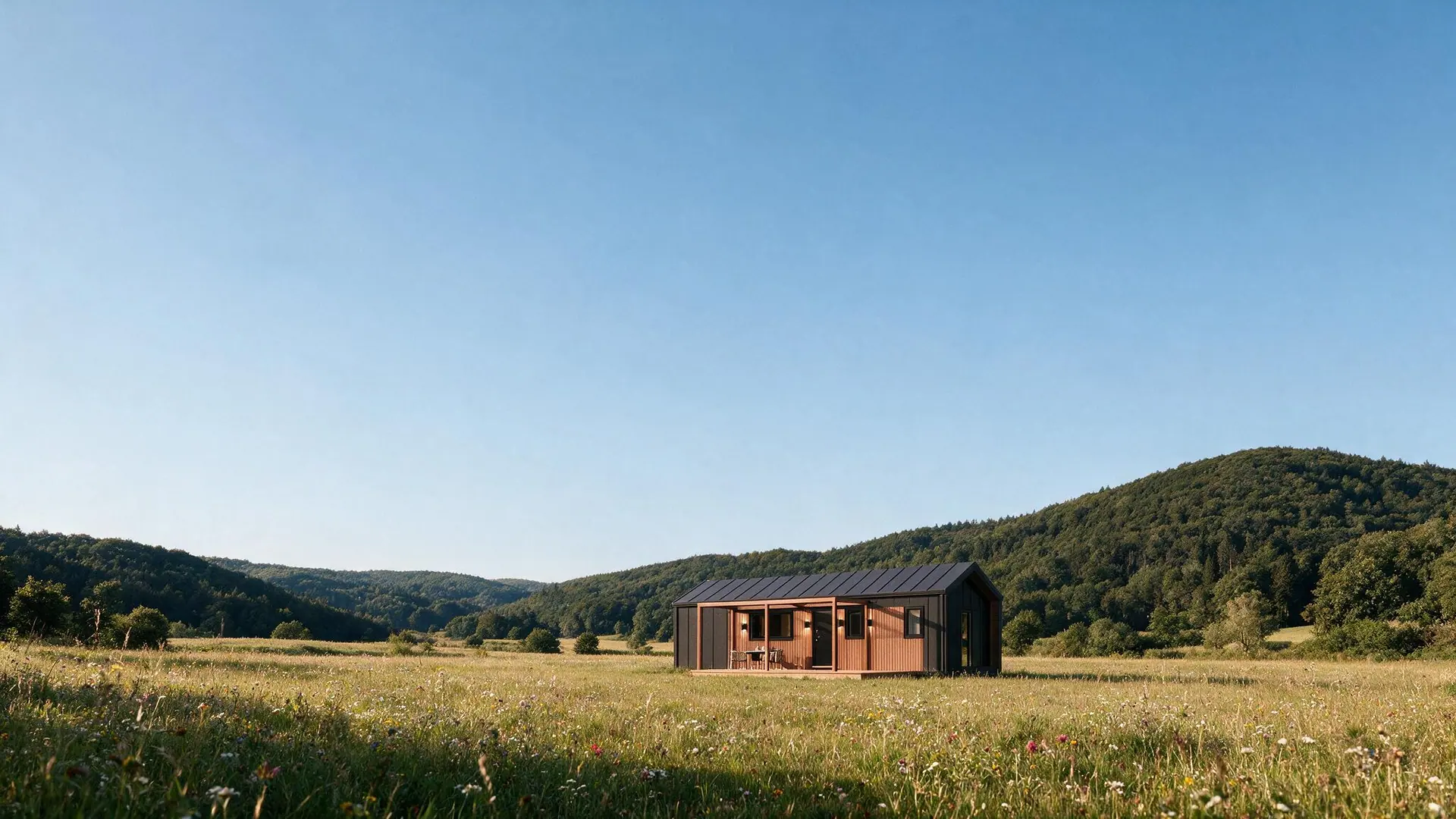 Fertig aufgestelltes Modulhaus auf einer Wiese im Odenwald