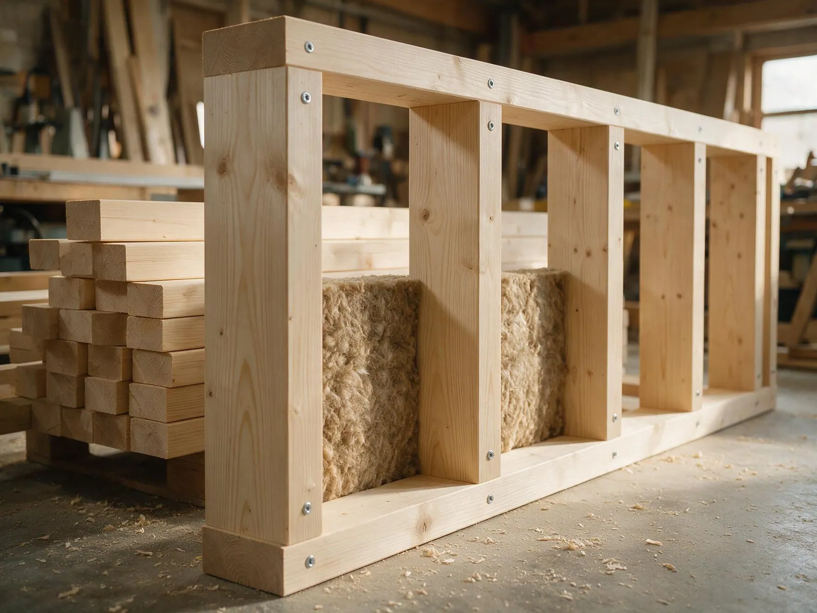 Vorgefertigte Wandtafel mit eingelegter Dämmung in der Werkstatt