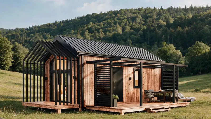 Kamerafahrt auf das Modulhaus TINY-MAX 50 mit Holzterrasse auf einer Wiese, bewaldete Hügel im Hintergrund. Visualisierung